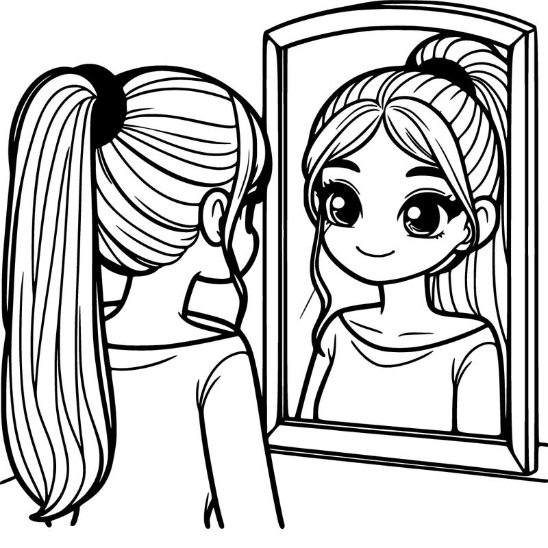 a realistic girl looking at herself in a mirror