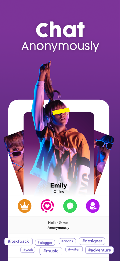 A user profile on Connected2.me app showing a girl with a yellow bar over her eyes and the text Chat Anonymously