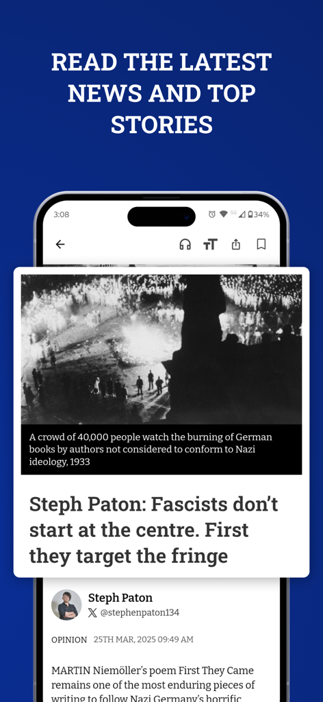 Pantalla de la aplicación The National mostrando el titular de un artículo de opinión política en un smartphone.
