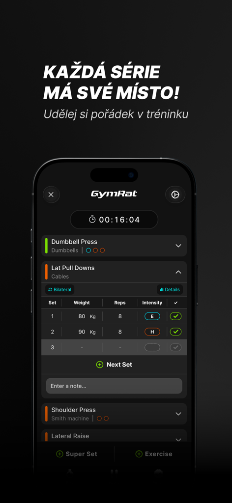 GymRat mobile app interface showing exercise sets and reps tracking in dark mode.