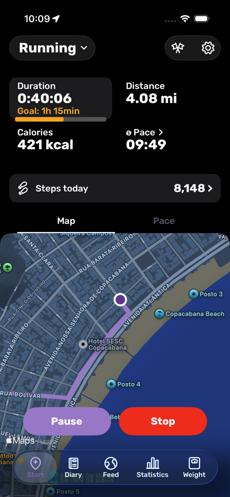 Running tracking interface in FITAPP showing distance duration calories and map