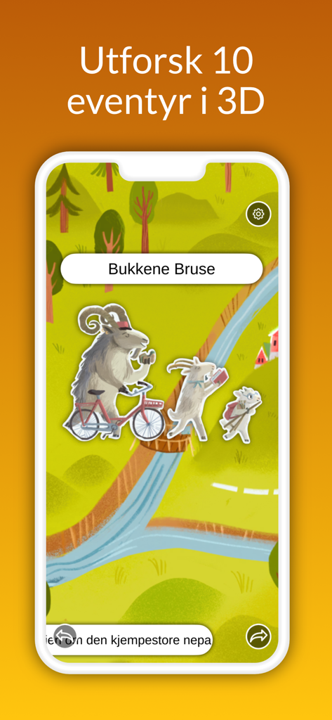 AR Eventyr - AR Eventyr mobile app showing the Three Billy Goats Gruff story selection in a 3D theater interface