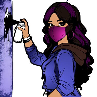 realistic girl with mask spray painting a wall