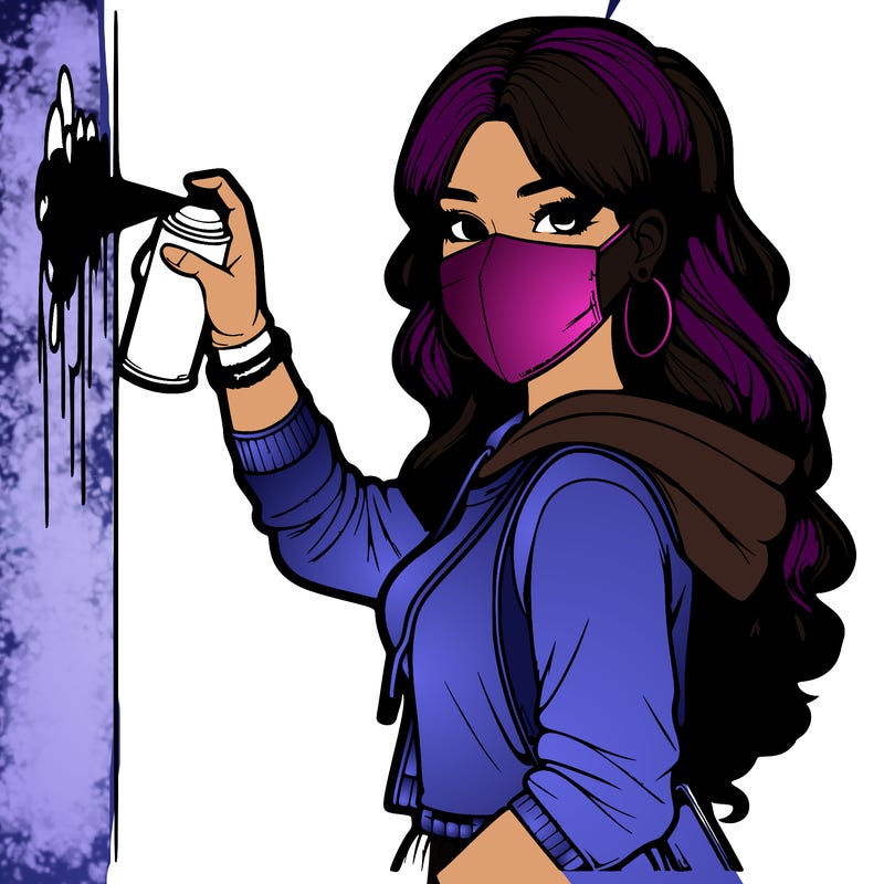 realistic girl with mask spray painting a wall