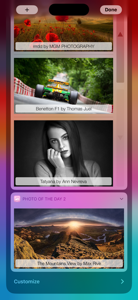 Photo Of The Day Widget - Una colección de widgets de fotos diarias en la pantalla de un iPhone que muestra paisajes y retratos de alta calidad