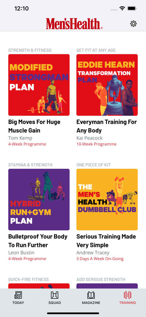 Men's Health UK - 様々なフィットネス・トレーニングプランと専門家によるワークアウトプログラムを表示するMen's Health UKアプリのインターフェース