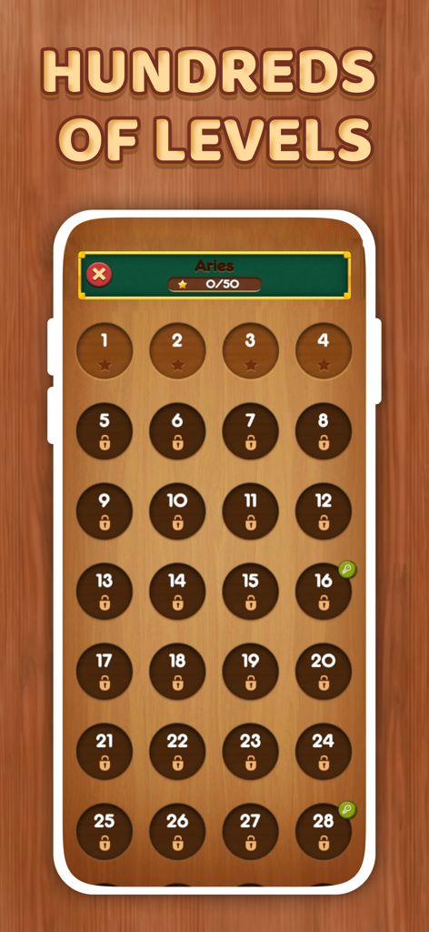 One Line Fun - One Line Puzzle - Level selection menu in One Line Fun puzzle game showing a grid of locked and unlocked levels on a wooden background