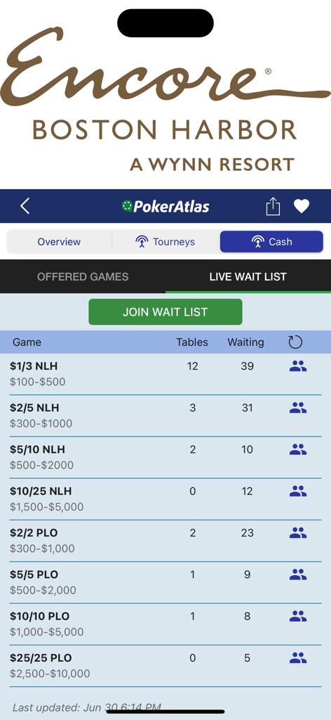 PokerAtlas - PokerAtlas app screenshot showing live poker waitlist for Encore Boston Harbor casino