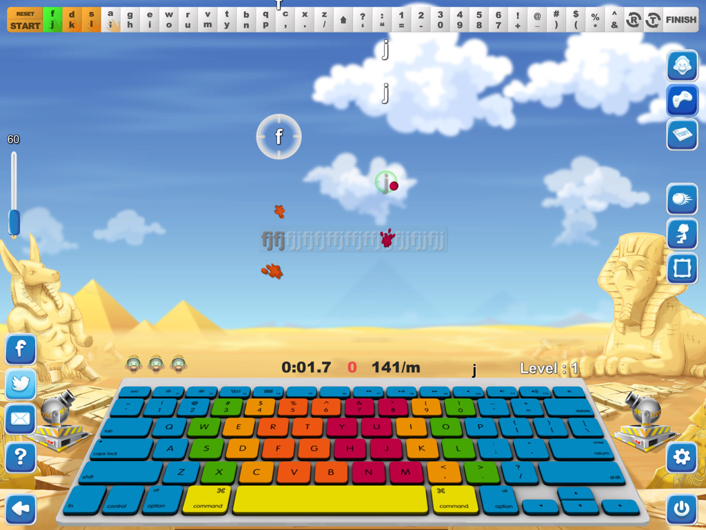 Typing Fingers - Gamified typing lesson screen featuring an ancient Egyptian landscape and a color-coded QWERTY keyboard.