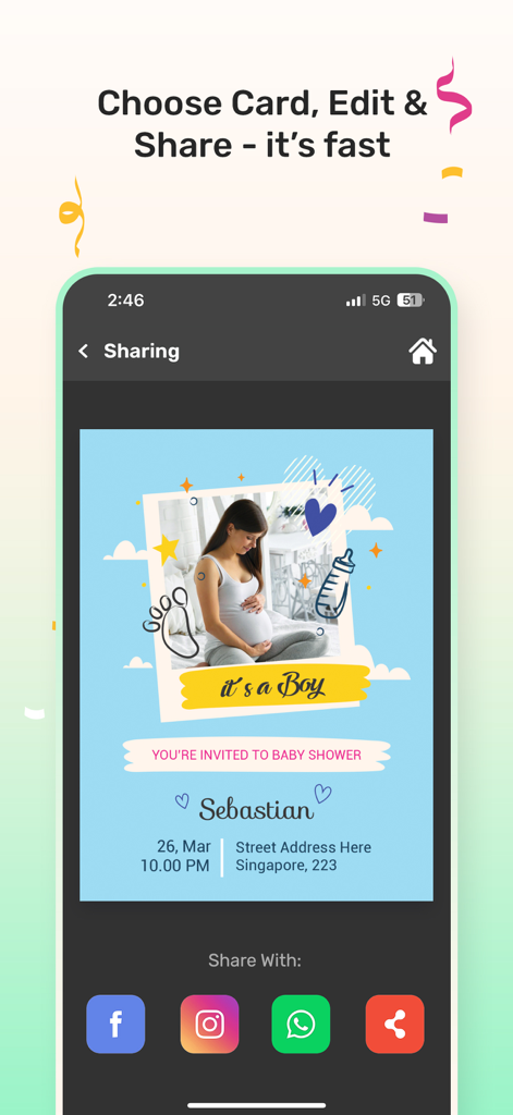 Invitation Maker : Card Maker - A mobile app screen displaying a completed baby shower invitation card with easy social media sharing icons.