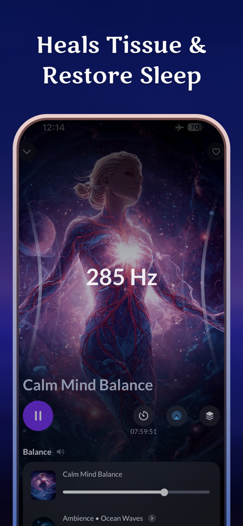 Healing Frequency Sleep Sounds - Healingo app interface showing 285Hz frequency for tissue healing and sleep.