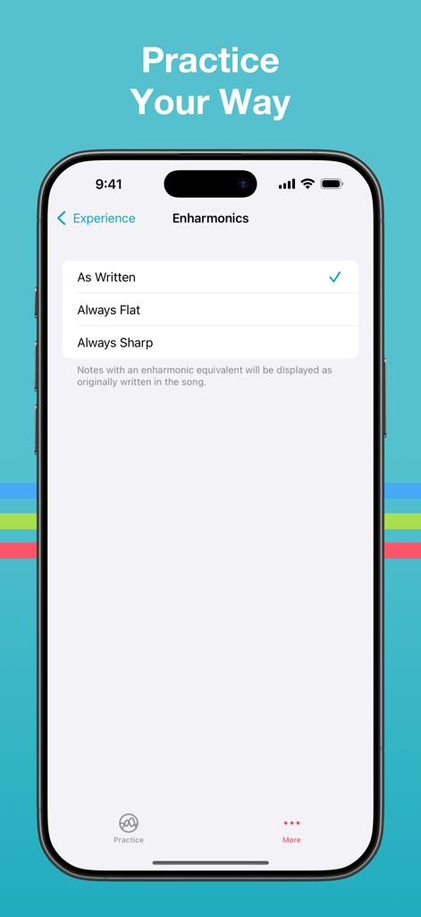 Perfect Pitch — Synesthesia - Pantalla de configuración de enarmónicos en la aplicación Perfect Pitch que muestra opciones sobre cómo se muestran las notas musicales durante la práctica.