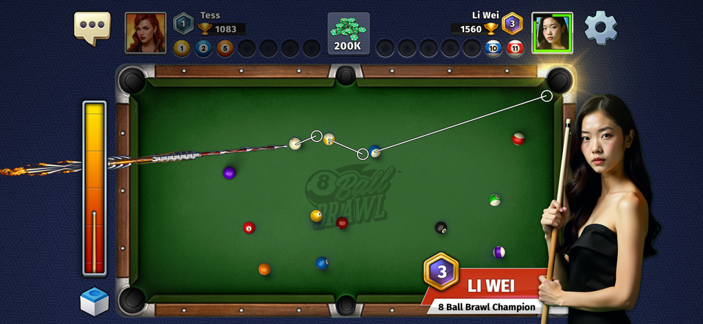 8 Ball Brawl: Pool & Billiards - 1v1 competitive match in 8 Ball Brawl Pool and Billiards showing table view and shot trajectory