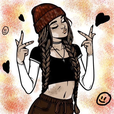 realistic teenage girl with braids and a beanie and crop top doing 🫶🏼