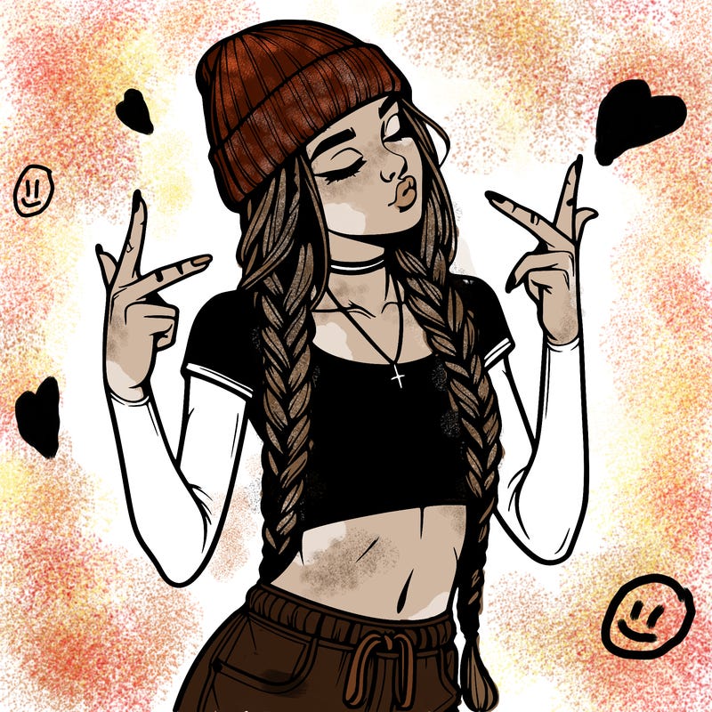 realistic teenage girl with braids and a beanie and crop top doing 🫶🏼