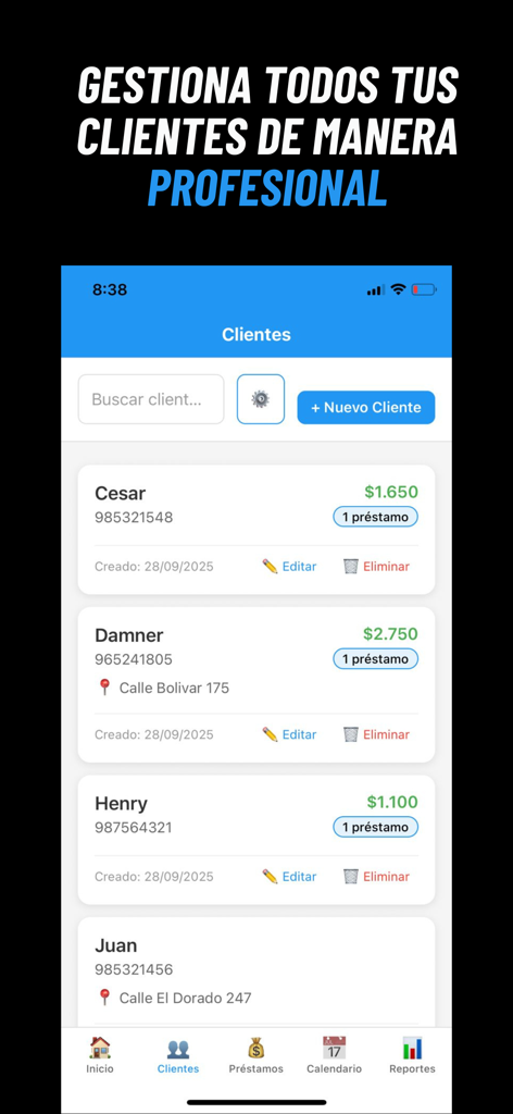 Gestor de Créditos - Pantalla de la aplicación Gestor de Creditos mostrando una lista profesional de clientes de préstamos con saldos e información de contacto
