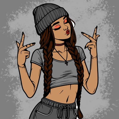 realistic teenage girl with braids and a beanie and crop top doing 🫶🏼
