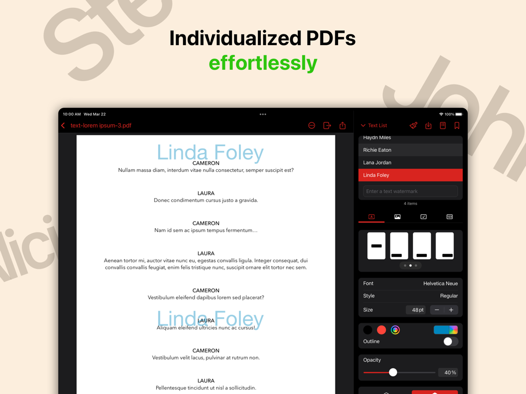 iPad interface of the PDF Watermarker app showing how to create individualized PDFs using a text list of names with custom font and opacity settings