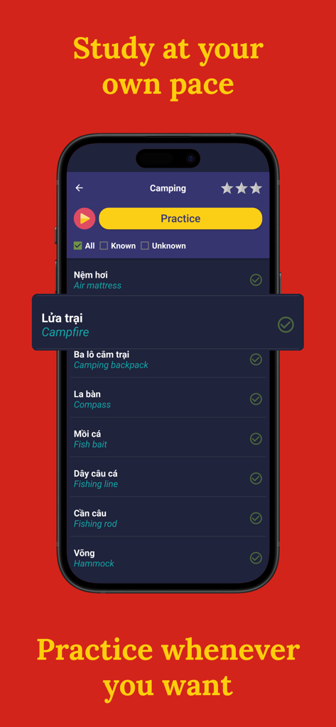 Learn Vietnamese (Beginners) - Mobile app screen displaying Vietnamese camping vocabulary with English translations and a practice button.