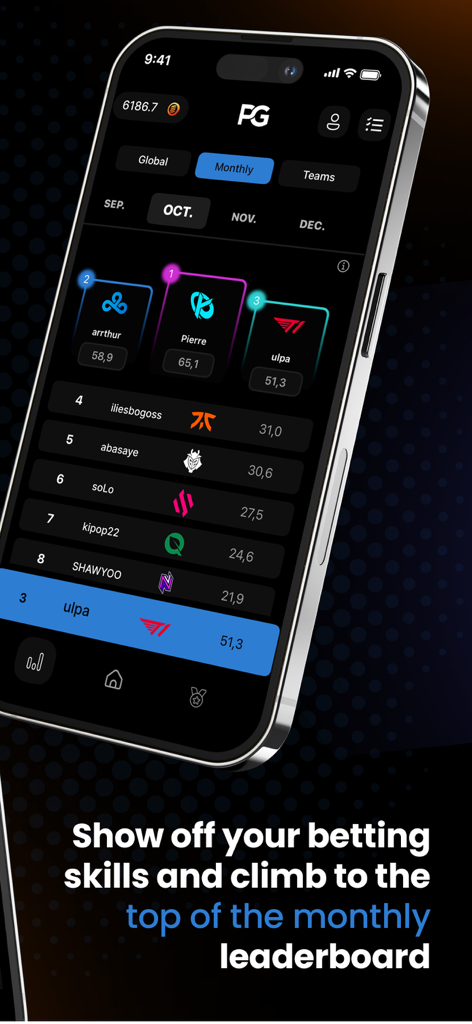 ProGames: Esports Predictions - Classifica mensile dell'app ProGames che mostra le posizioni dei migliori pronosticatori di esports