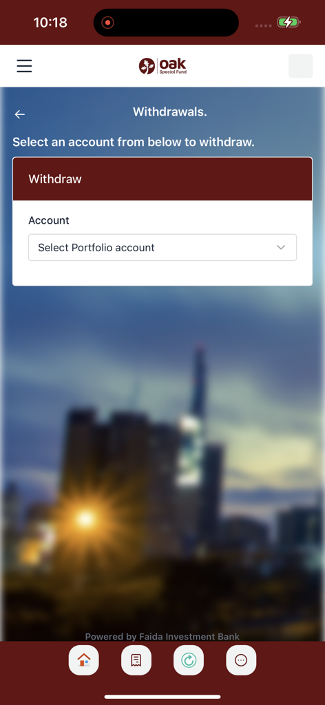 Oak Fund - Oak Fund mobile app withdrawal screen with a dropdown menu to select a portfolio account