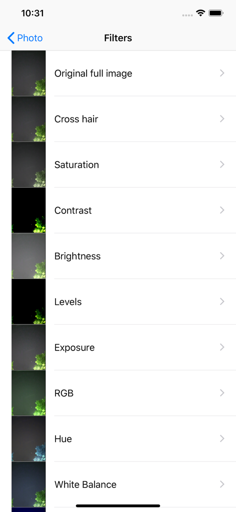 Starry sky Camera - List of photo editing filters in the Starry sky Camera app showing options like saturation contrast and brightness