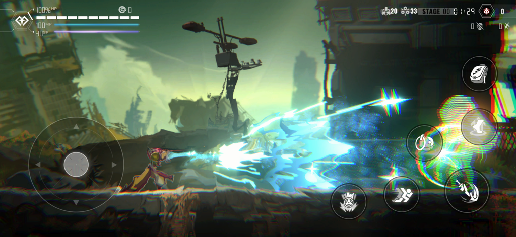 Captura de pantalla del juego de BlazBlue Entropy Effect que muestra a un personaje de anime realizando un potente ataque de energía con controles en pantalla.