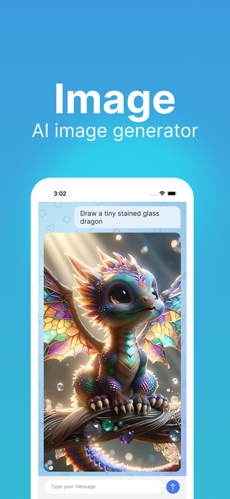 AI ChatBot: Assistant Chat - KI-Bildgenerator-Bildschirm, der einen generierten gefleckten Glasdrachen aus einer Textaufforderung zeigt.