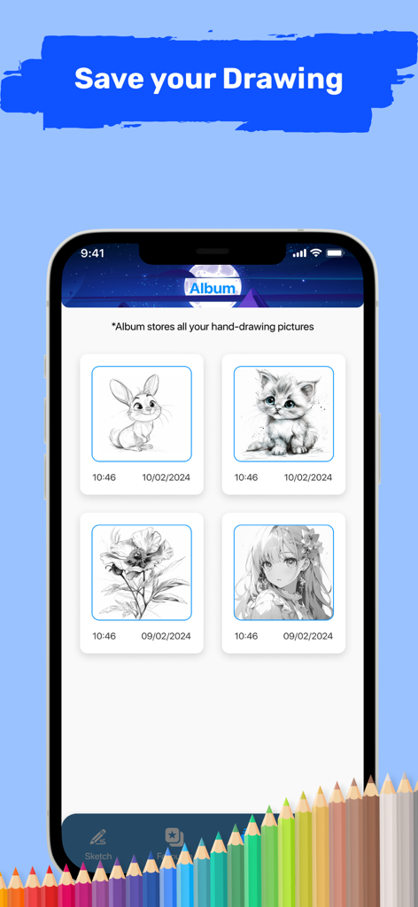AR Draw to Sketch Photo - Mobile app screen showing an album of saved drawings including animals and anime sketches