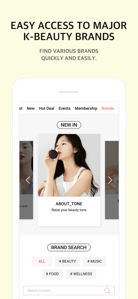 Olive Young Global App-Oberfläche, die wichtige K-Beauty-Marken und Suchkategorien zeigt