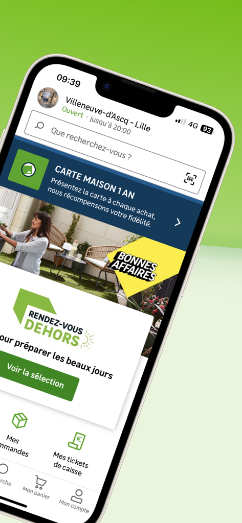 Leroy Merlin mobile app interface showing the homepage with store location search and home improvement project banners