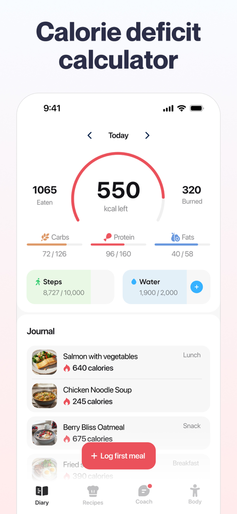 Welmi - Calorie Counter & Diet - Welmi app interface showing a calorie deficit calculator with macros steps and water tracking