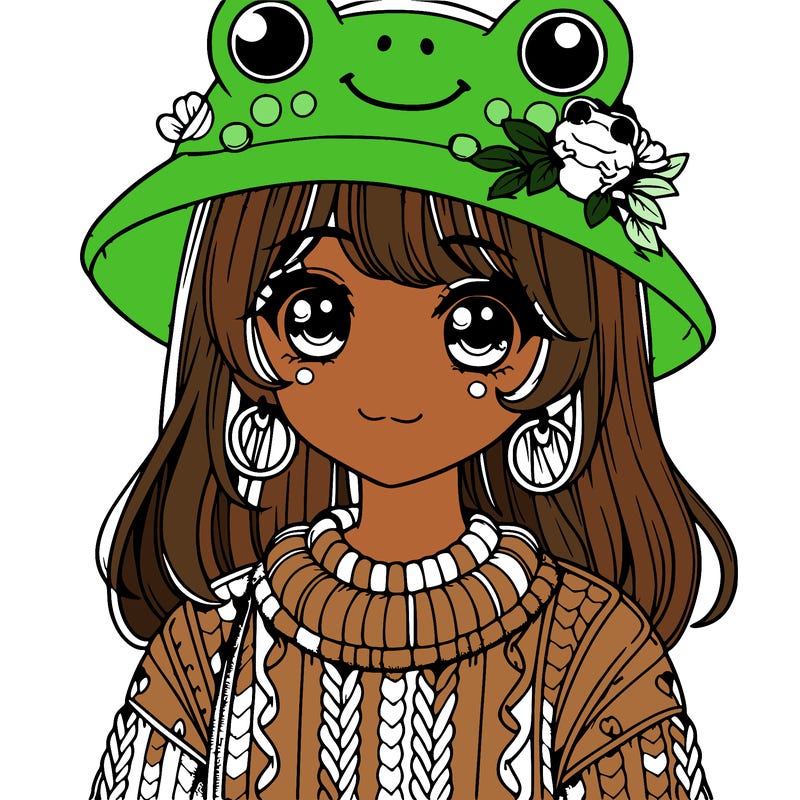 realistic girl wearing frog sweater and a frog hat with frog earrings