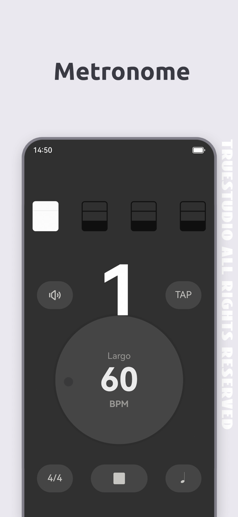 Ukulele Tuner - TrueStudio - Interfaccia del metronomo dell'app Accordatore Ukulele che mostra 60 BPM e tempo Largo.