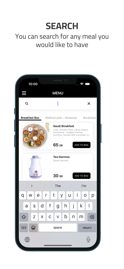 Search interface in the Shawarma House mobile app for browsing meals
