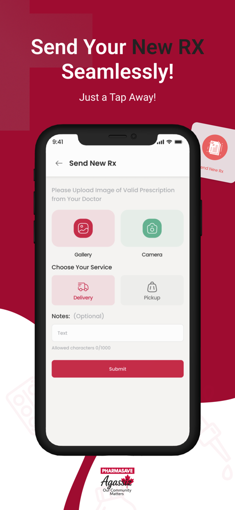 Pharmasave Agassiz - Pharmasave Agassiz app interface for sending a new prescription by uploading a photo with delivery and pickup options