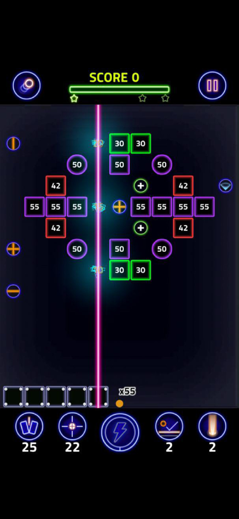 Una captura de pantalla del juego Brick Breaker Glow que muestra coloridos bloques de neón y una línea láser rosa