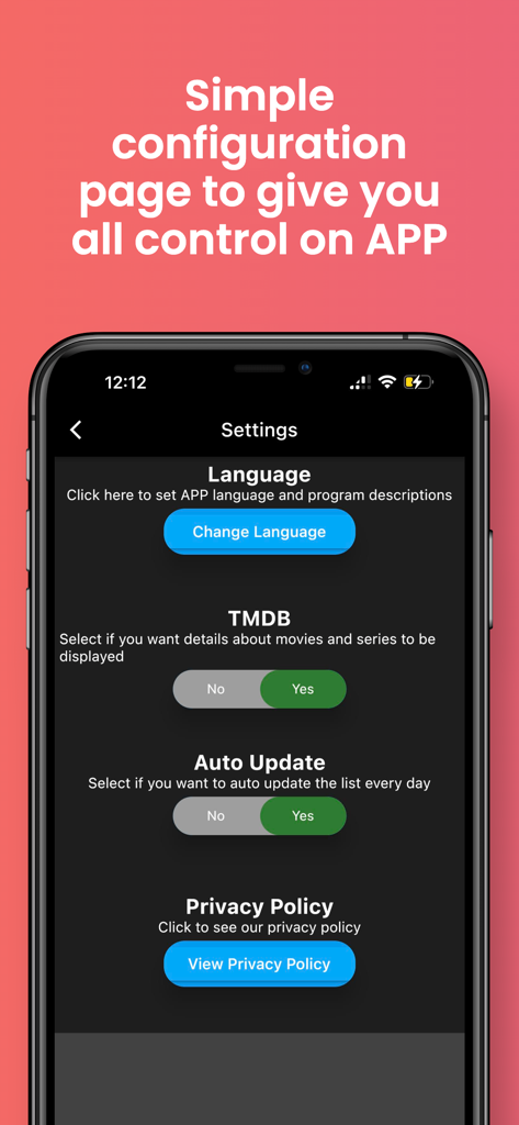 SSS IPTV, Simple, Smart Super - SSS IPTV settings screen showing configuration options for language, movie details, auto updates, and privacy policy