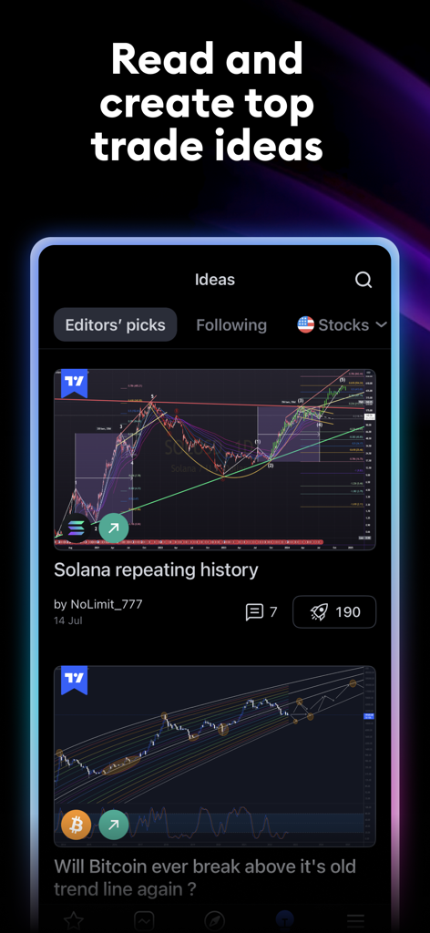 TradingView: Track All Markets - ソラナとビットコインのコミュニティ共有トレードアイデアとテクニカル分析チャートを表示するTradingViewアプリのインターフェース