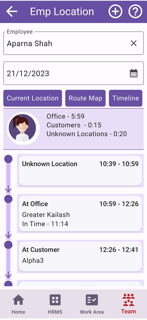 EazeWork app interface displaying an employee location timeline with specific site visits and timestamps