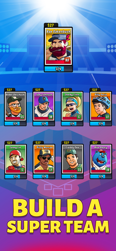 Super Hit Baseball - Baseball player cards screen in Super Hit Baseball with the text Build a Super Team.