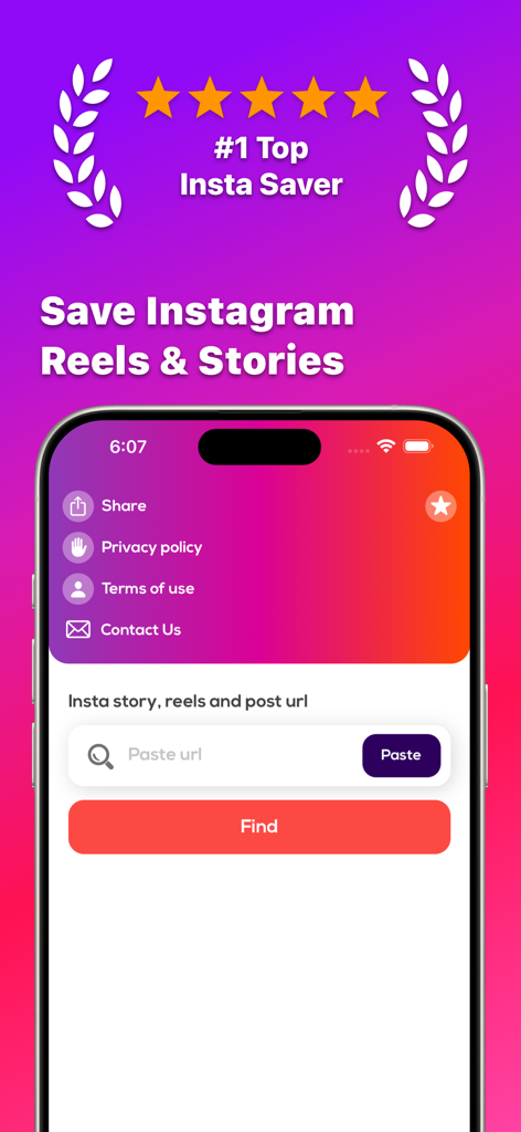 InstSave: Reels Story Repost - InstSave app screen for saving Instagram Reels and Stories with a URL input field.