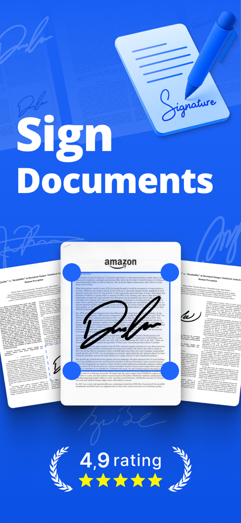 Sign Documents: Signature PDF - Promotional graphic for Signix app showing digital signature on a PDF document with high user ratings
