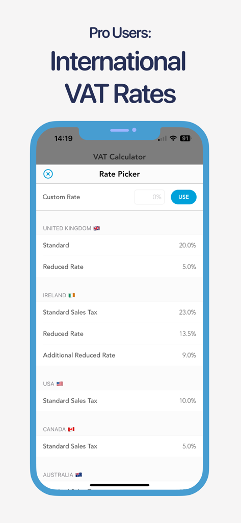 VAT Calculator (UK) - A smartphone display showing a list of international VAT and sales tax rates for countries like the UK Ireland USA and Canada in the VAT Calculator app