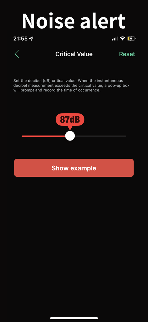 Decibel Meter: Sound dB Level - Uma tela de smartphone do aplicativo Medidor de Decibéis mostrando a configuração de alerta de ruído com um controle deslizante definido para 87 decibéis.