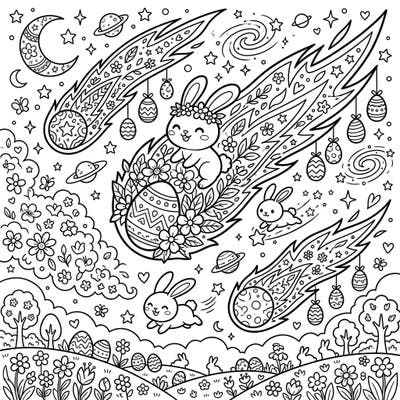 Blast off into a cosmic Easter celebration with this unique coloring page! Discover cheerful bunnies, decorated eggs, and twinkling stars aboard whimsical sungrazing comets, ready for your creative touch.