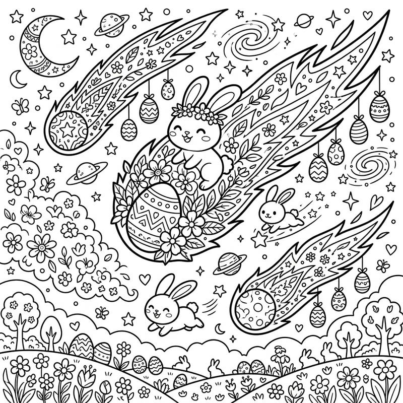Blast off into a cosmic Easter celebration with this unique coloring page! Discover cheerful bunnies, decorated eggs, and twinkling stars aboard whimsical sungrazing comets, ready for your creative touch.