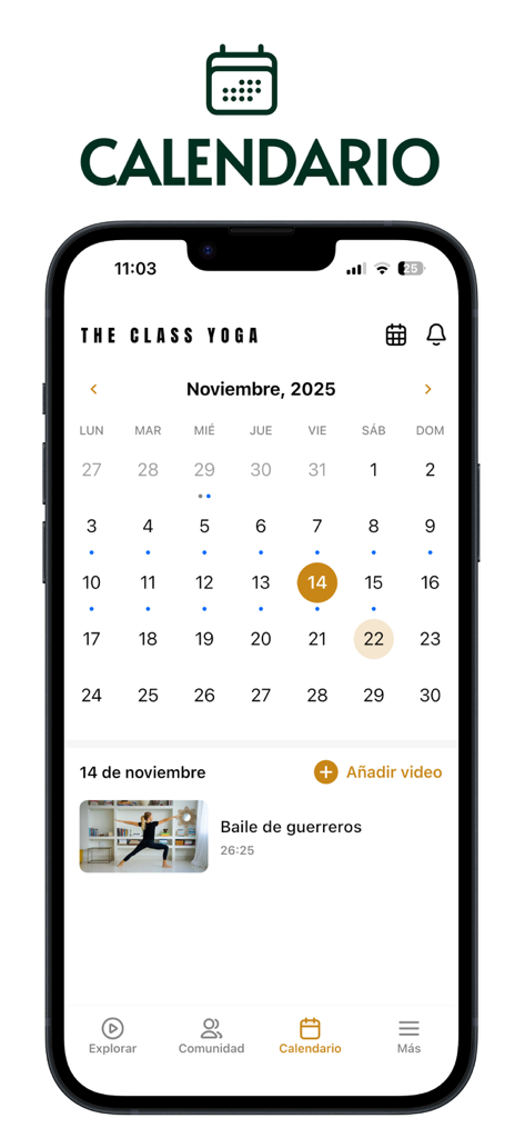 The Class Yoga - A mobile interface for The Class Yoga app displaying a monthly workout calendar and scheduled yoga video sessions