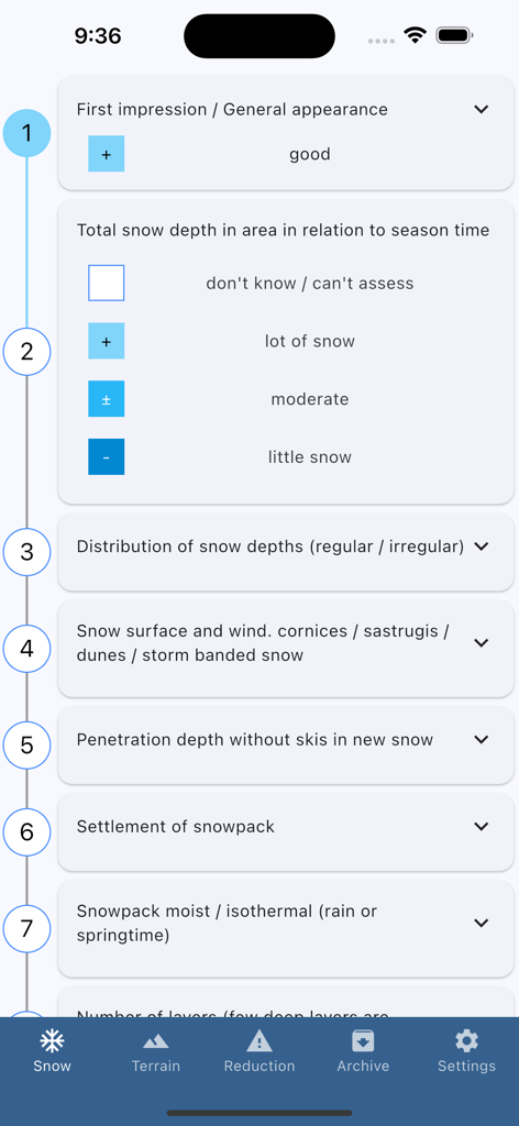Nivocheck 1.0 - Nivocheck 1.0 snow assessment interface showing a step by step checklist for evaluating snow depth and surface conditions for avalanche safety