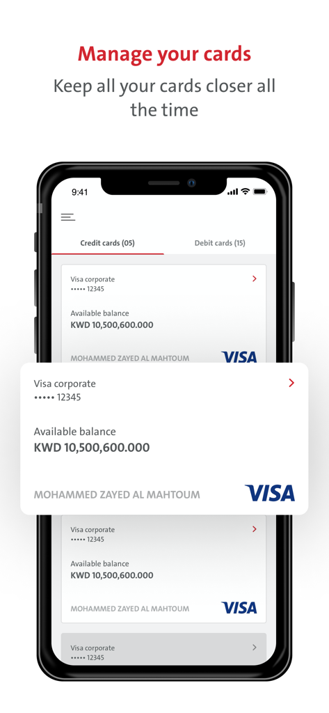 Boubyan Business - Boubyan Business app screen displaying a list of corporate Visa cards and their available balances
